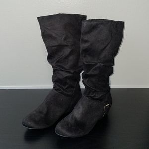 Black Suede Bongo Women's Wedge Boots with Buckle Accent